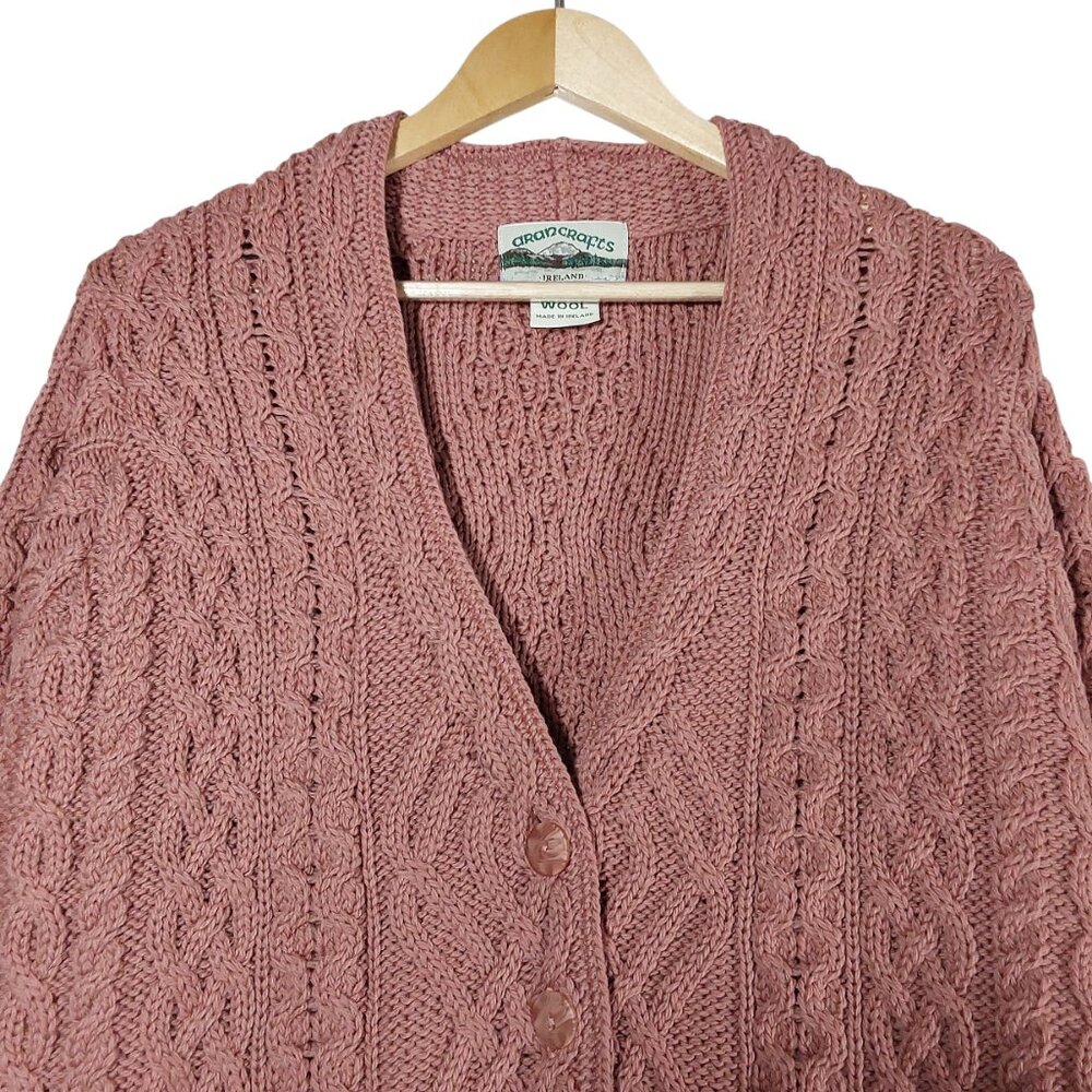 Aran Crafts 100% Merino Wool Cable Knit Long Cardigan Coat Rose/Mauve Cozy XL - Picture 3 of 7